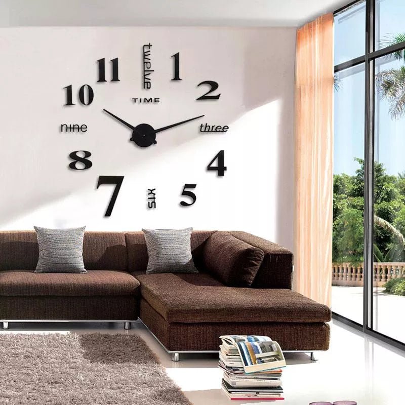 Frameless 3D wall clock featuring large numbers and a sleek modern acrylic design, perfect for contemporary home decor. 0